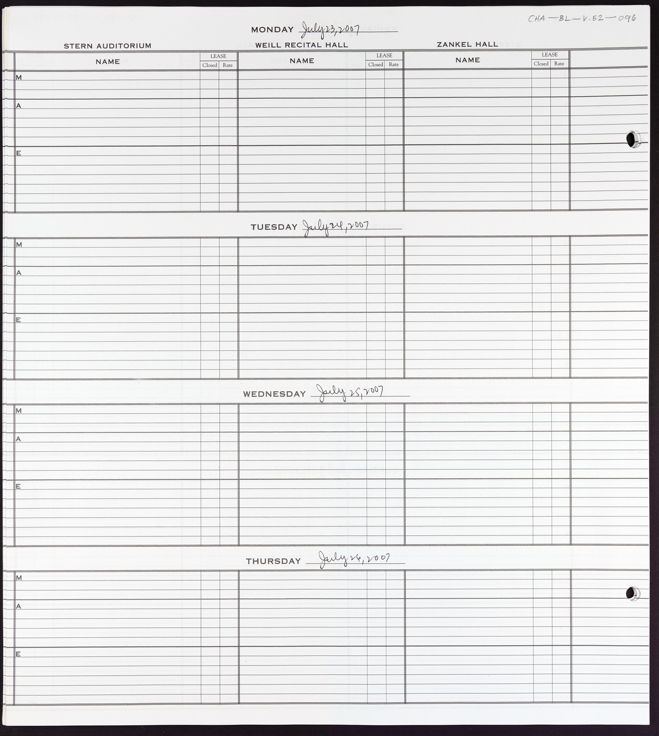 Carnegie Hall Booking Ledger, volume 52, page 96