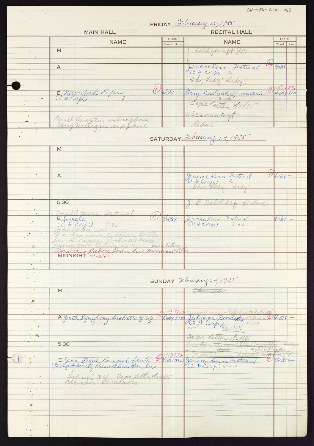 Carnegie Hall Booking Ledger, volume 30, page 53