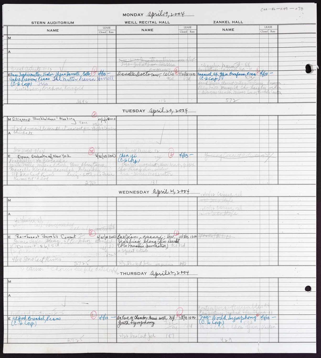 Carnegie Hall Booking Ledger, volume 49, page 70