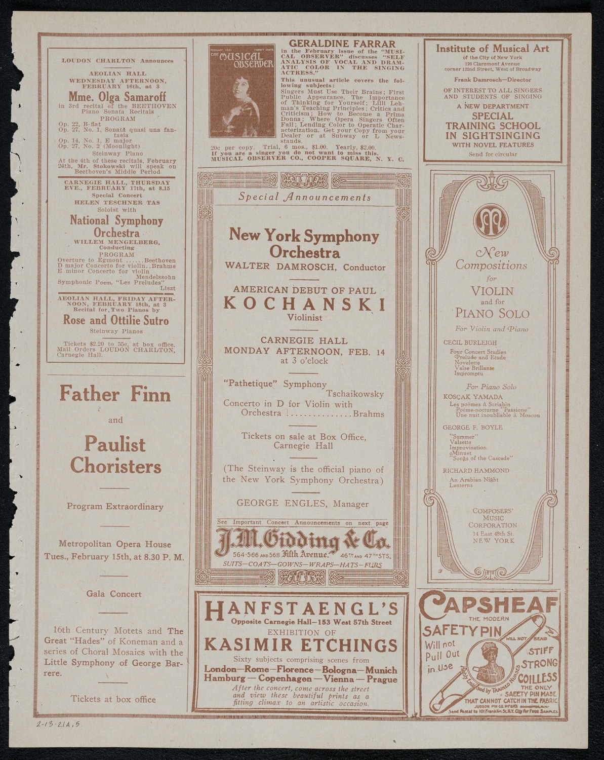 New York Philharmonic, February 13, 1921, program page 9