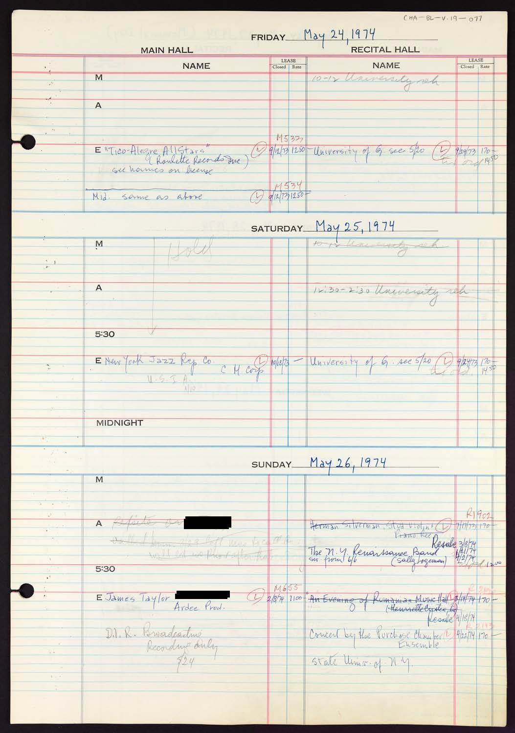 Carnegie Hall Booking Ledger, volume 19, page 77