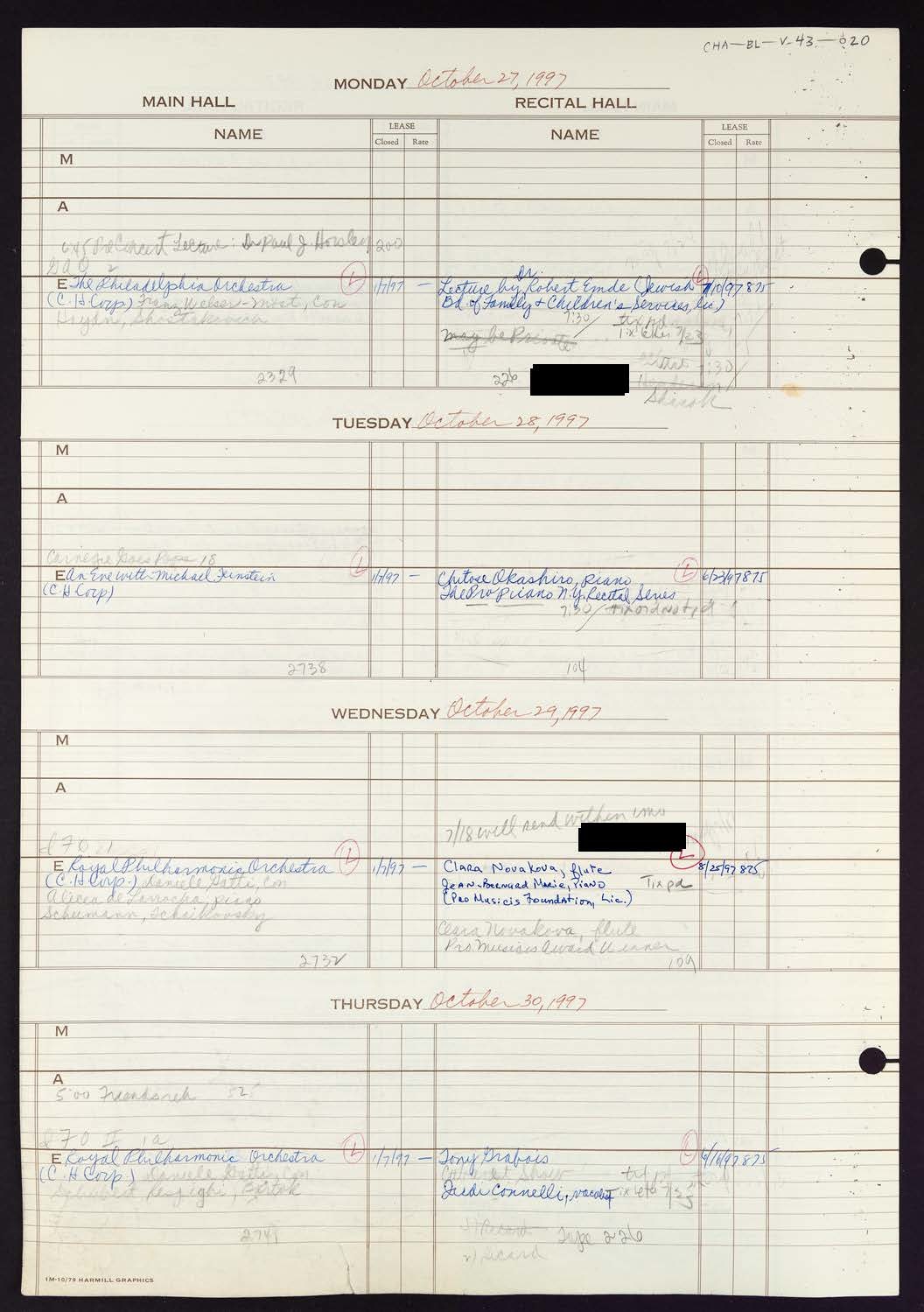 Carnegie Hall Booking Ledger, volume 43, page 20