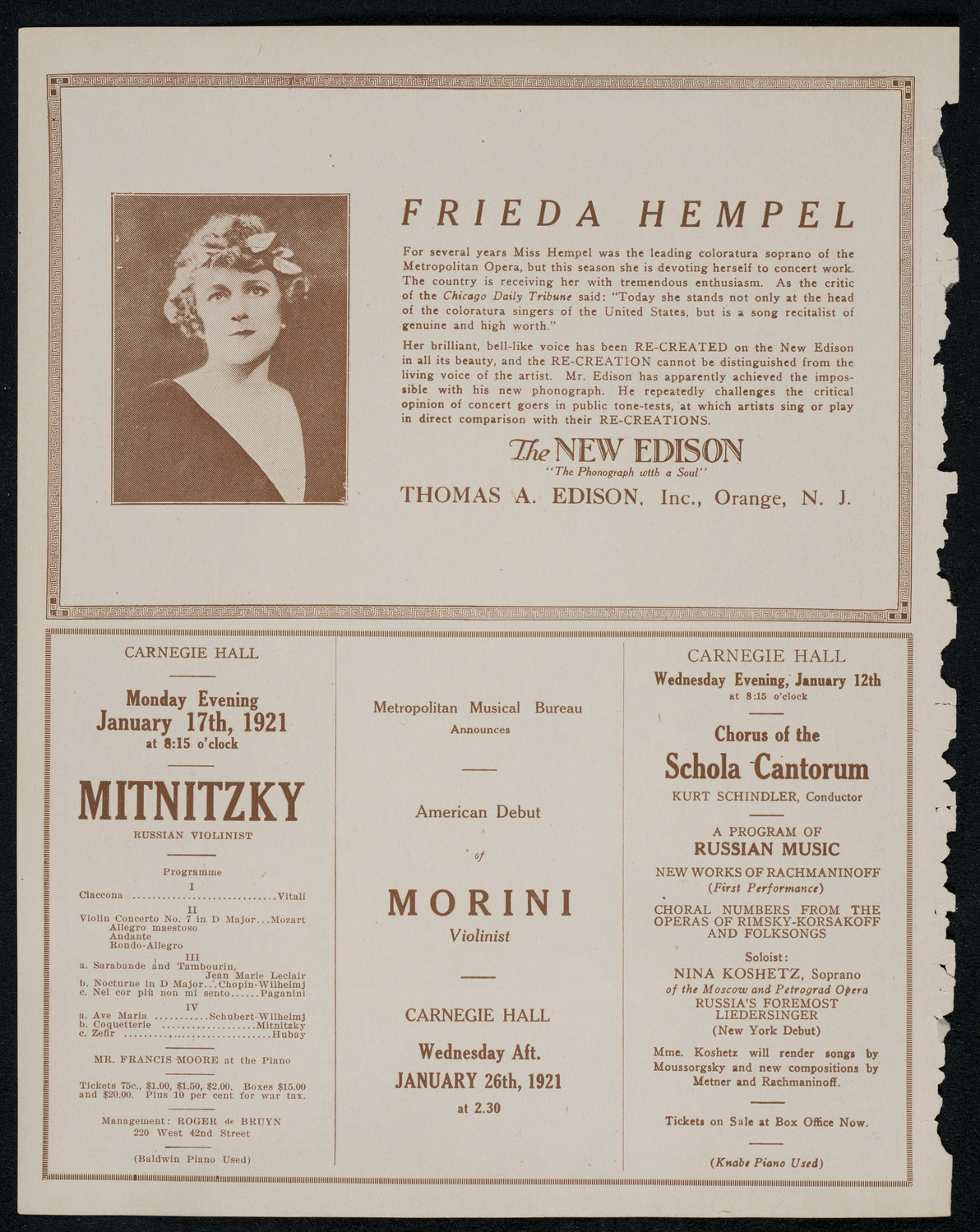Frieda Hempel, Soprano, January 5, 1921, program page 2
