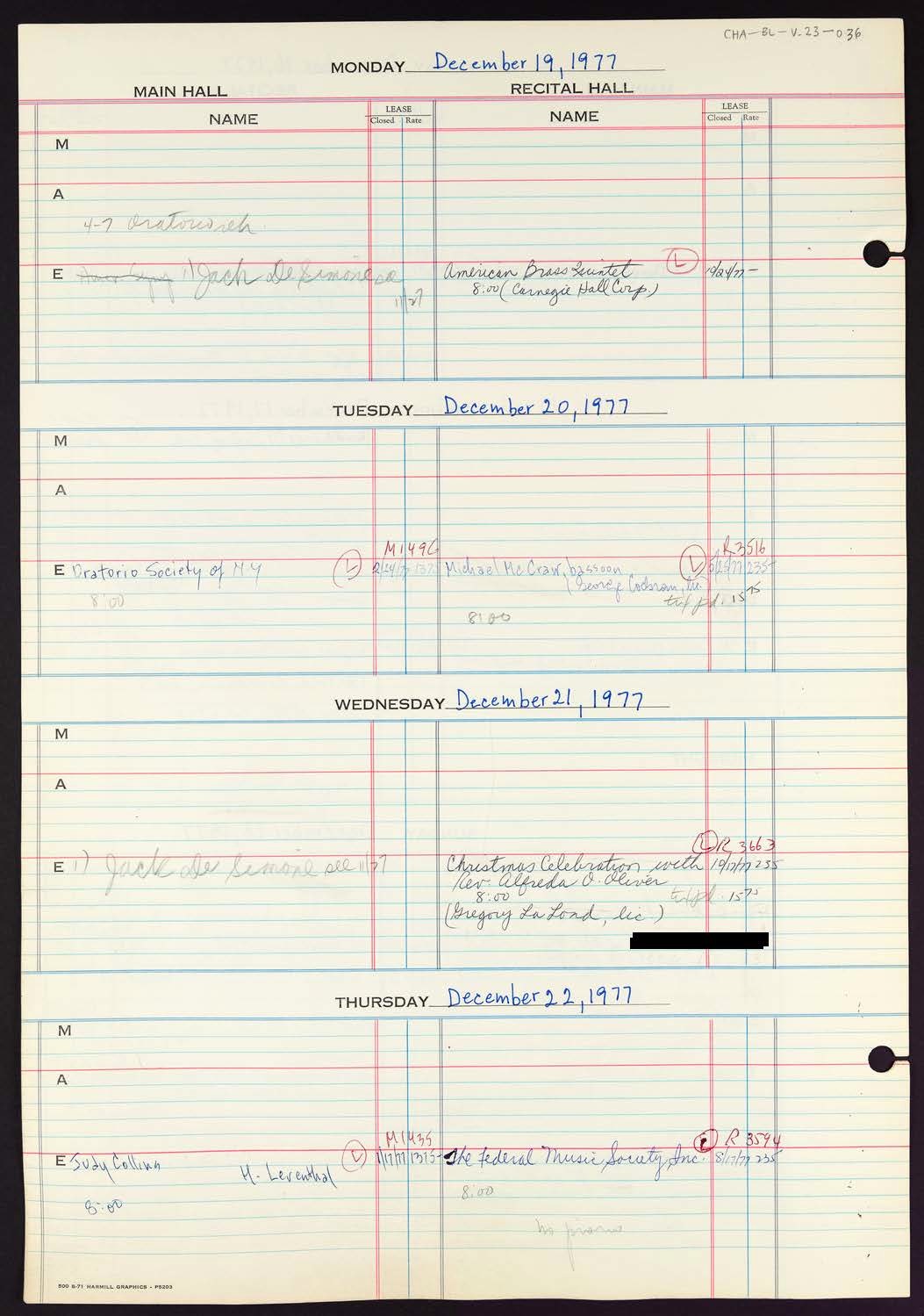 Carnegie Hall Booking Ledger, volume 23, page 36