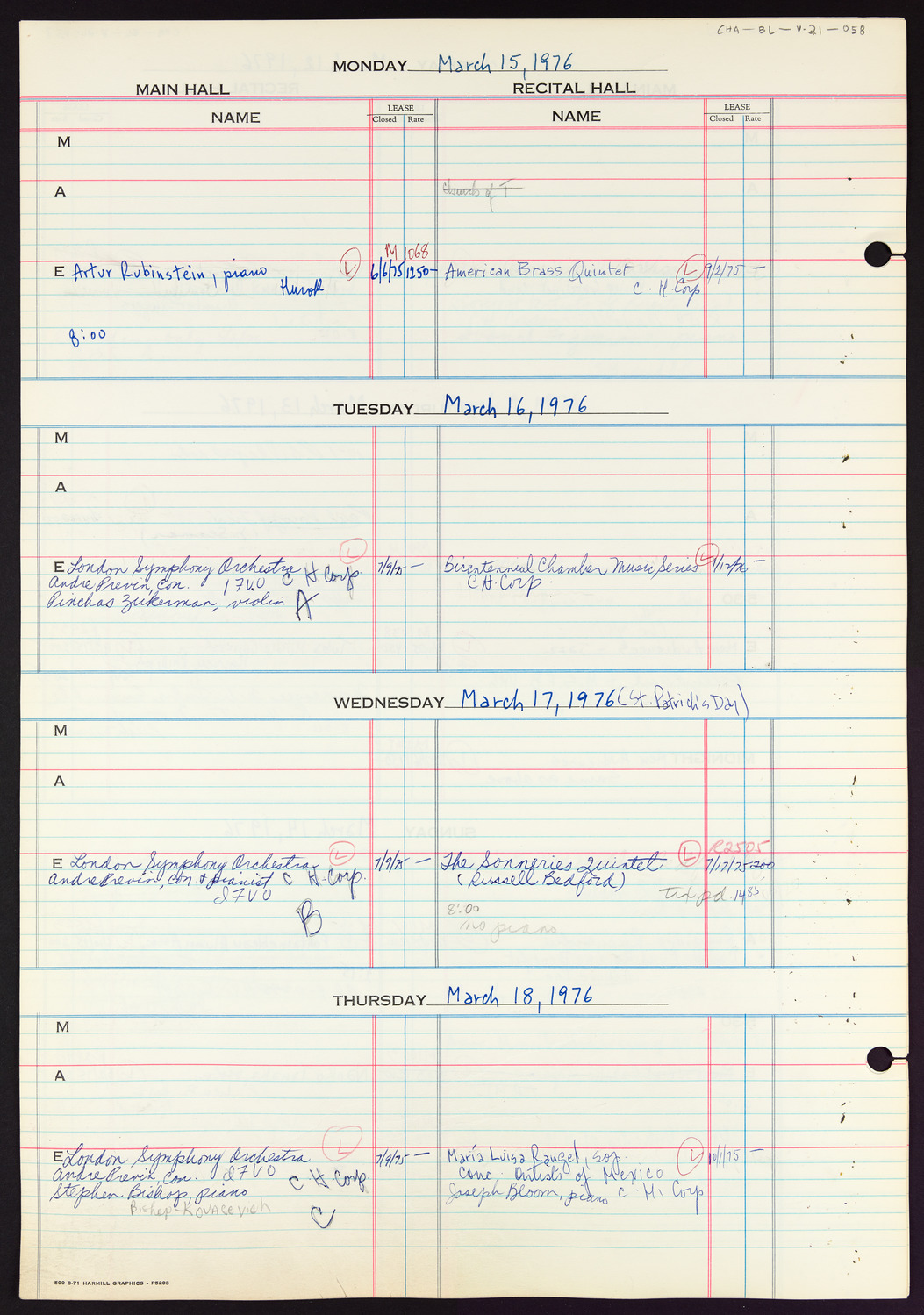 Carnegie Hall Booking Ledger, volume 21, page 58