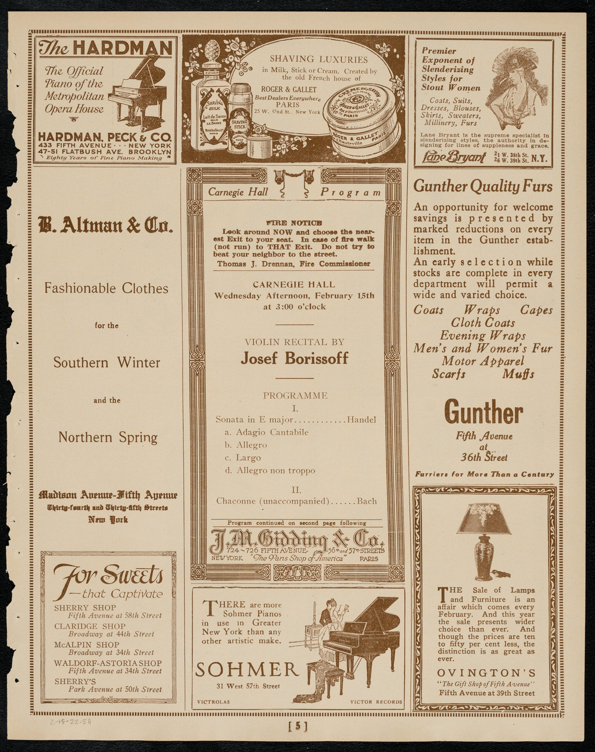Bronislaw Huberman, Violin, February 15, 1922, program page 5
