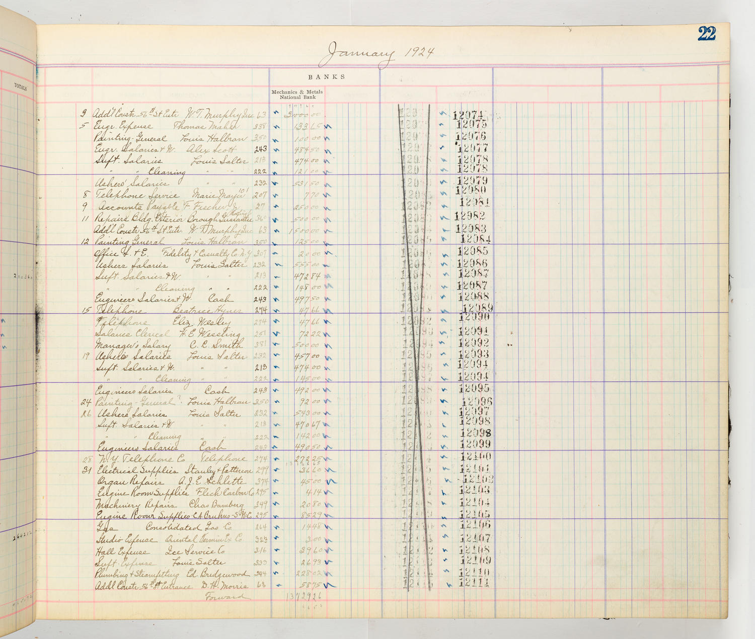 Music Hall Accounting Ledger Cash Book, volume 8, page 22b