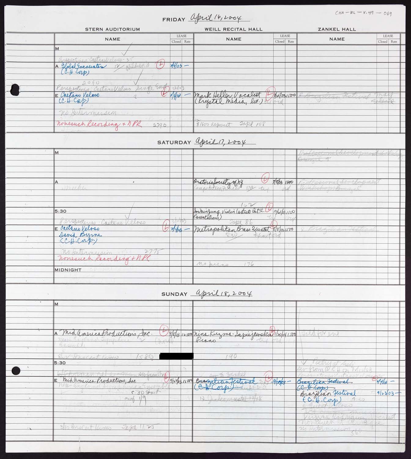 Carnegie Hall Booking Ledger, volume 49, page 69