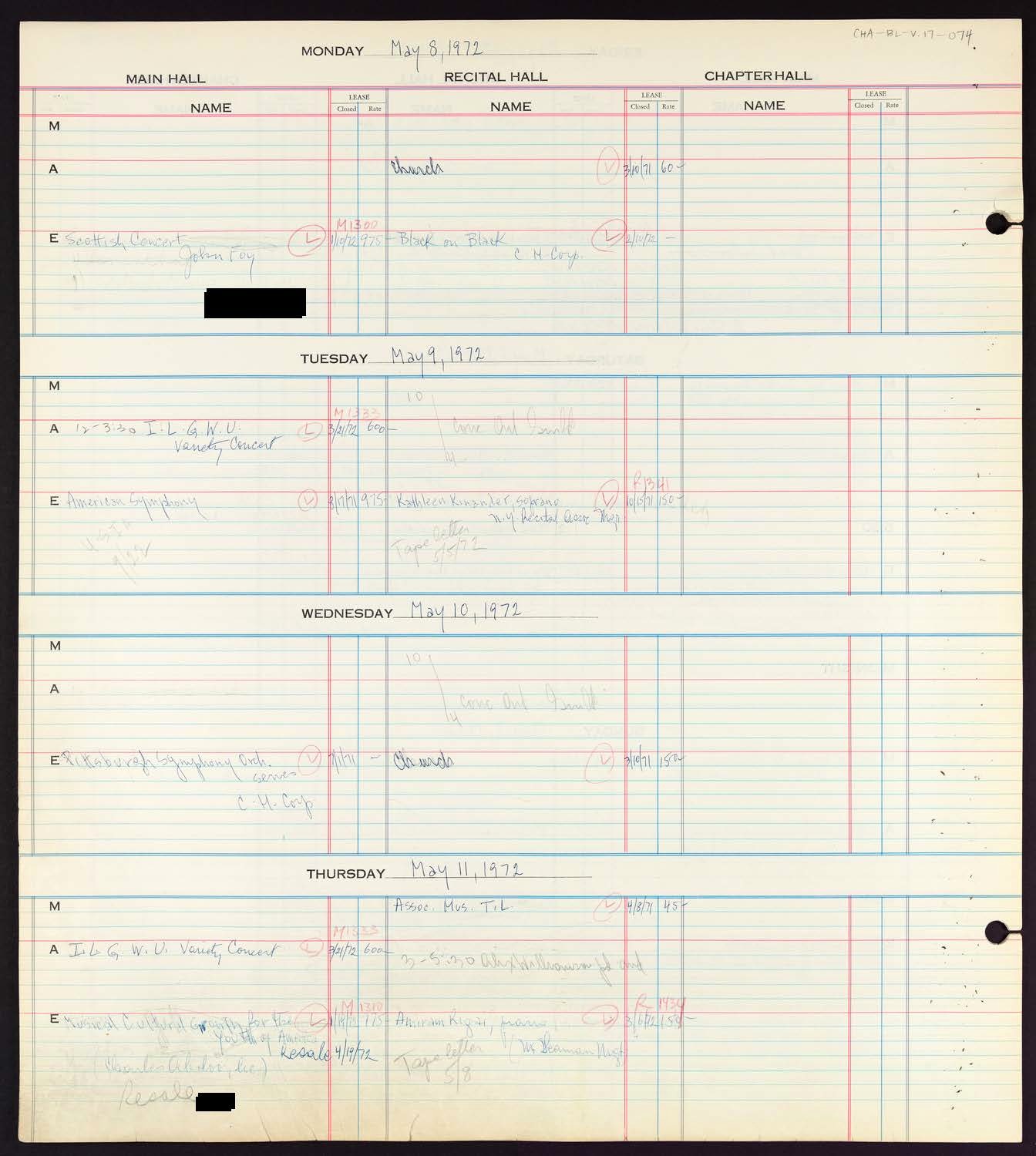 Carnegie Hall Booking Ledger, volume 17, page 74