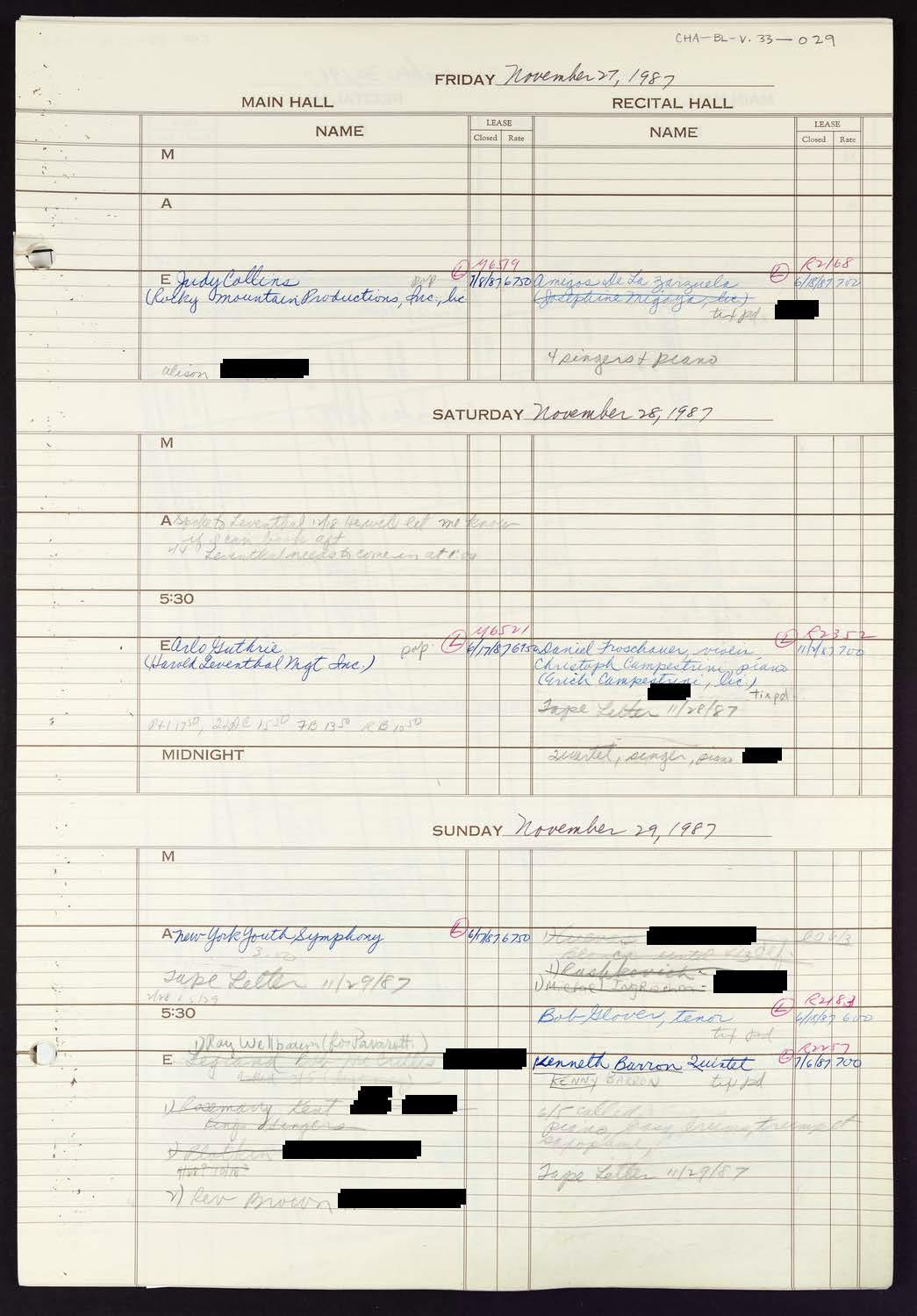 Carnegie Hall Booking Ledger, volume 33, page 29