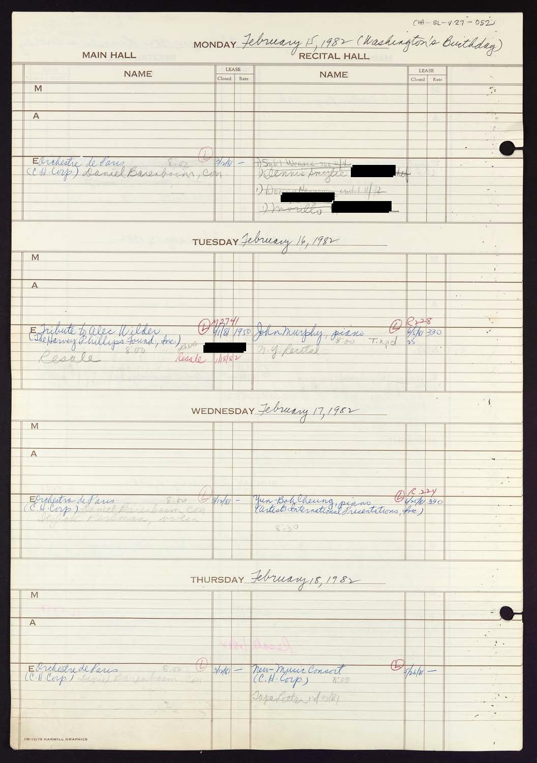 Carnegie Hall Booking Ledger, volume 27, page 52