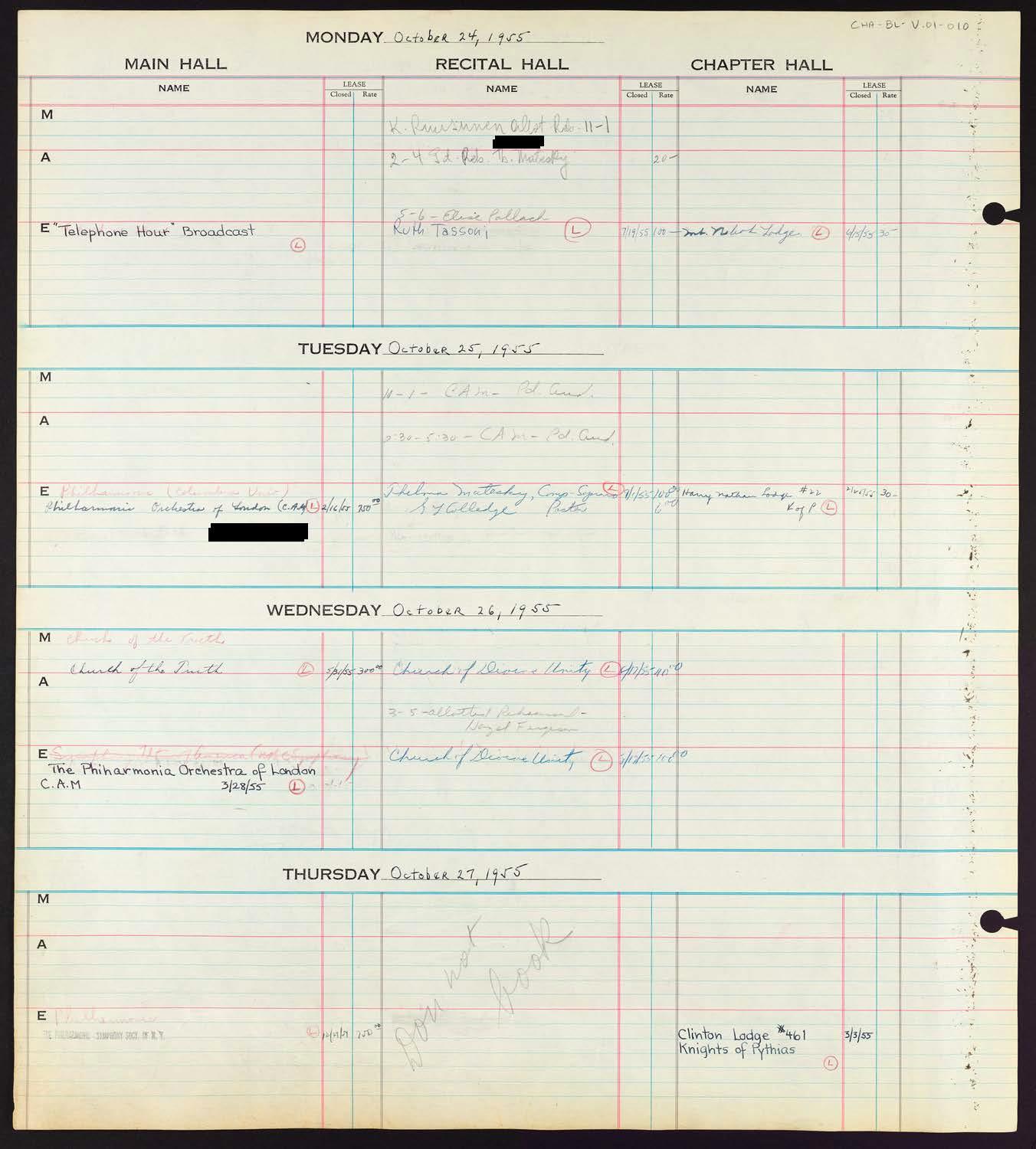 Carnegie Hall Booking Ledger, volume 1, page 10