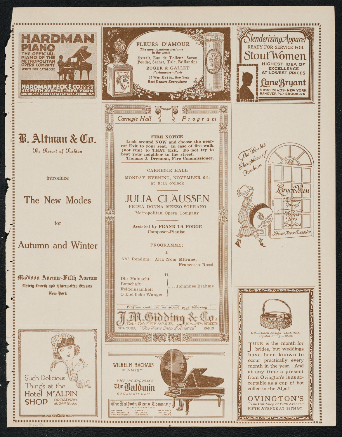 Julia Claussen, Mezzo-Soprano, November 6, 1922, program page 5