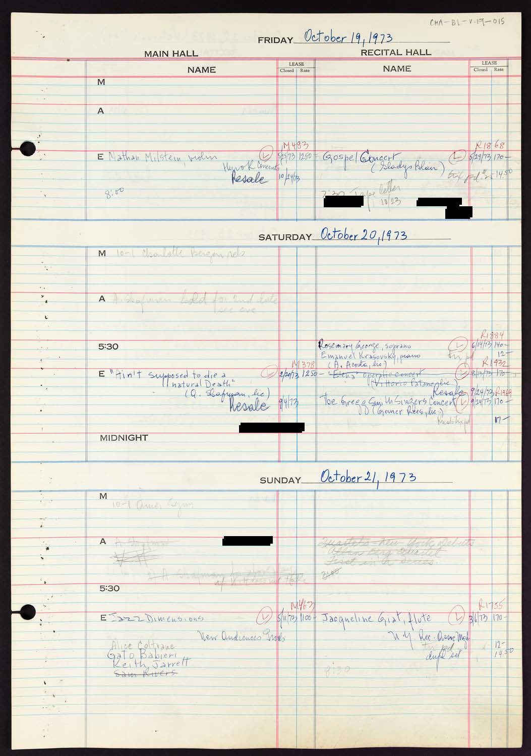 Carnegie Hall Booking Ledger, volume 19, page 15