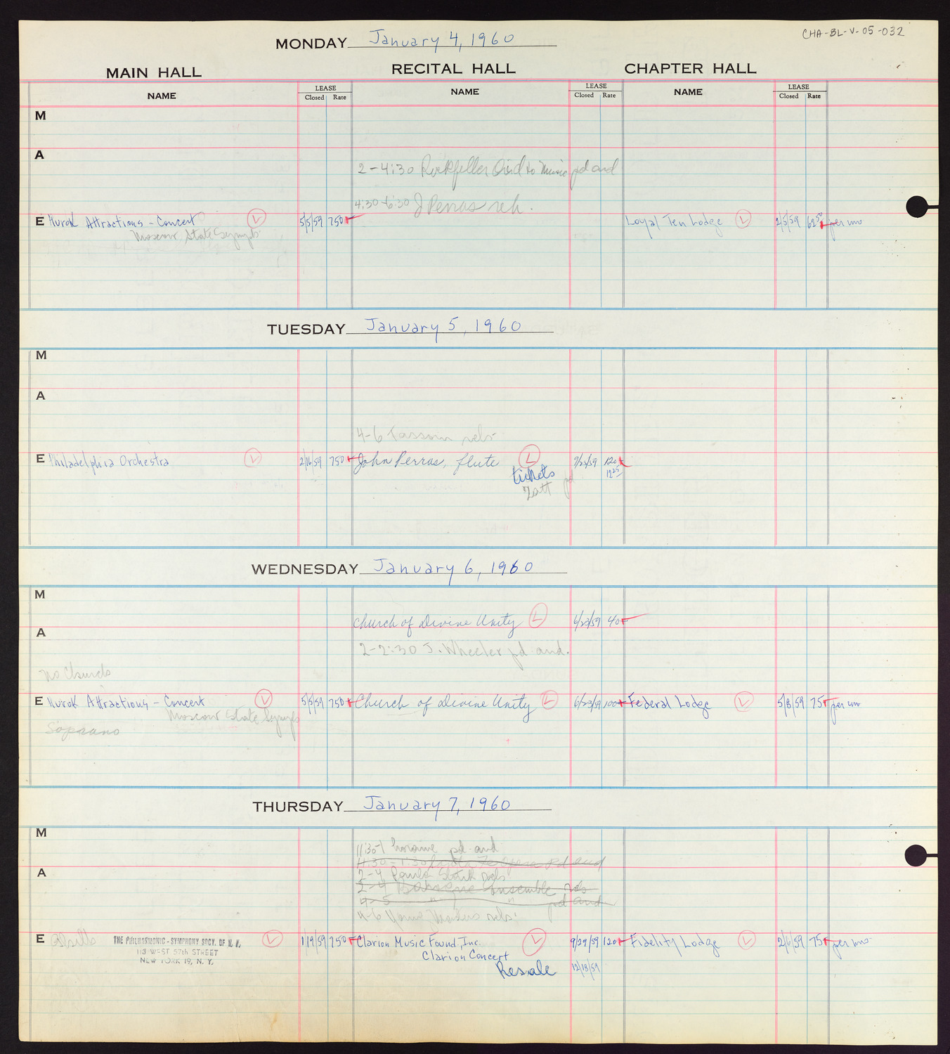 Carnegie Hall Booking Ledger, volume 5, page 32