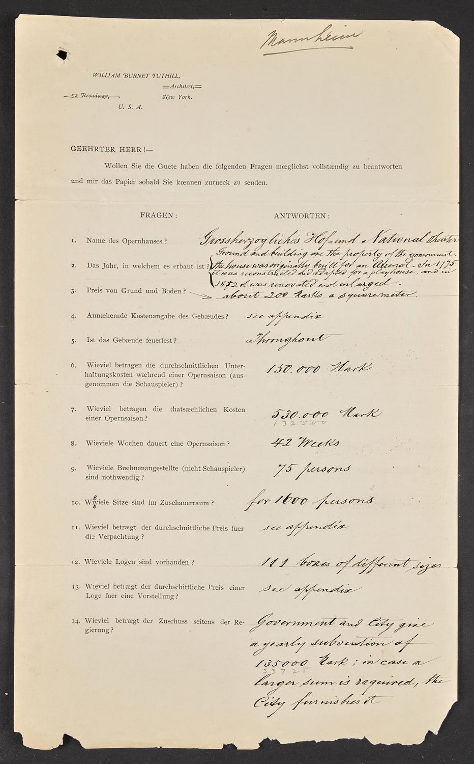 Questionnaire to Mannheim Grossherzoglichen Hof- und National-Theater