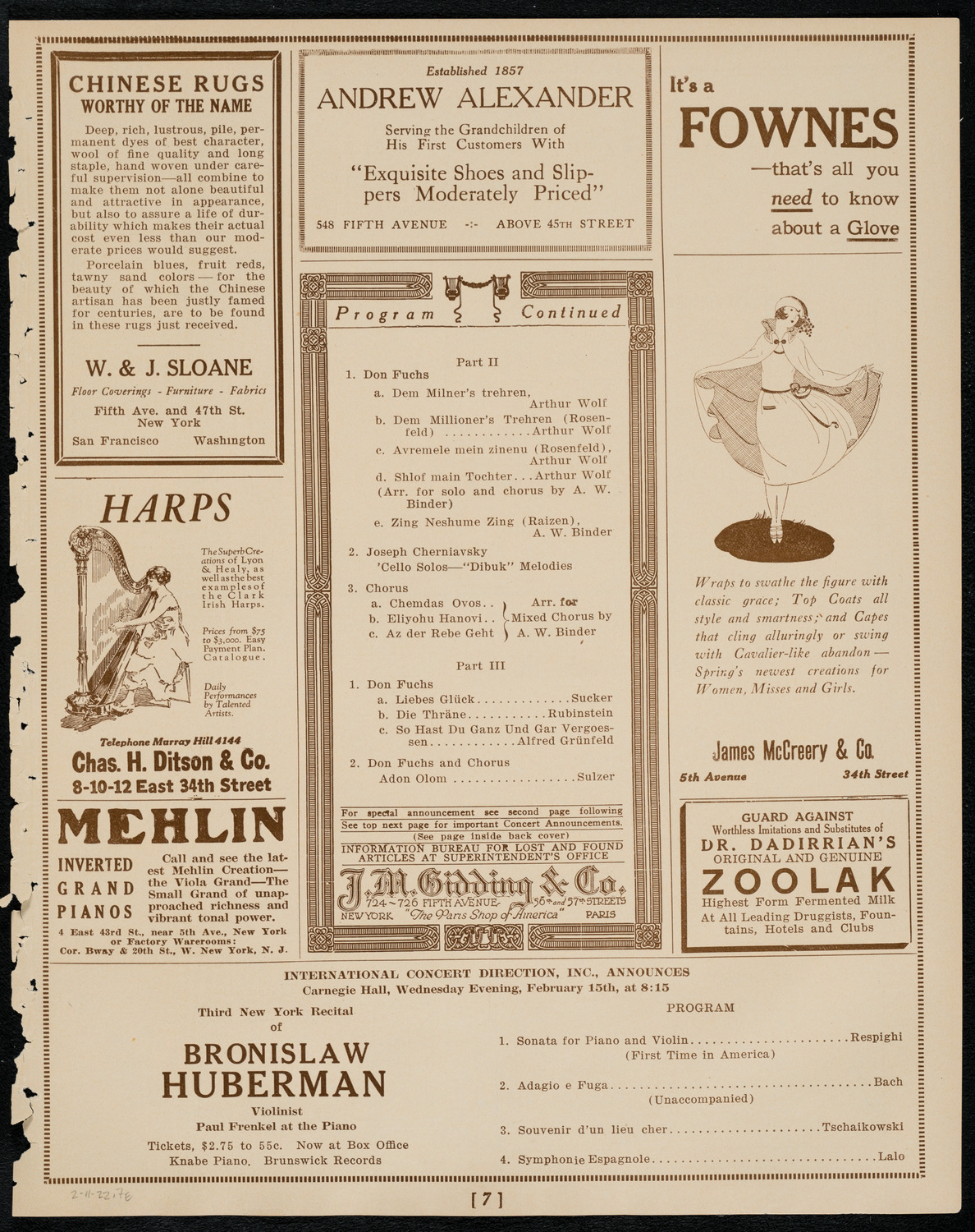 Don Rinardi Fuchs, Tenor, February 11, 1922, program page 7