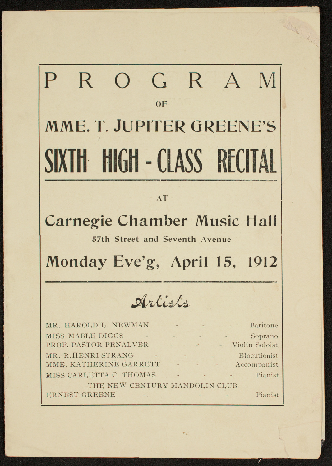 Students of T. Jupiter Greene, April 15, 1912, program page 1