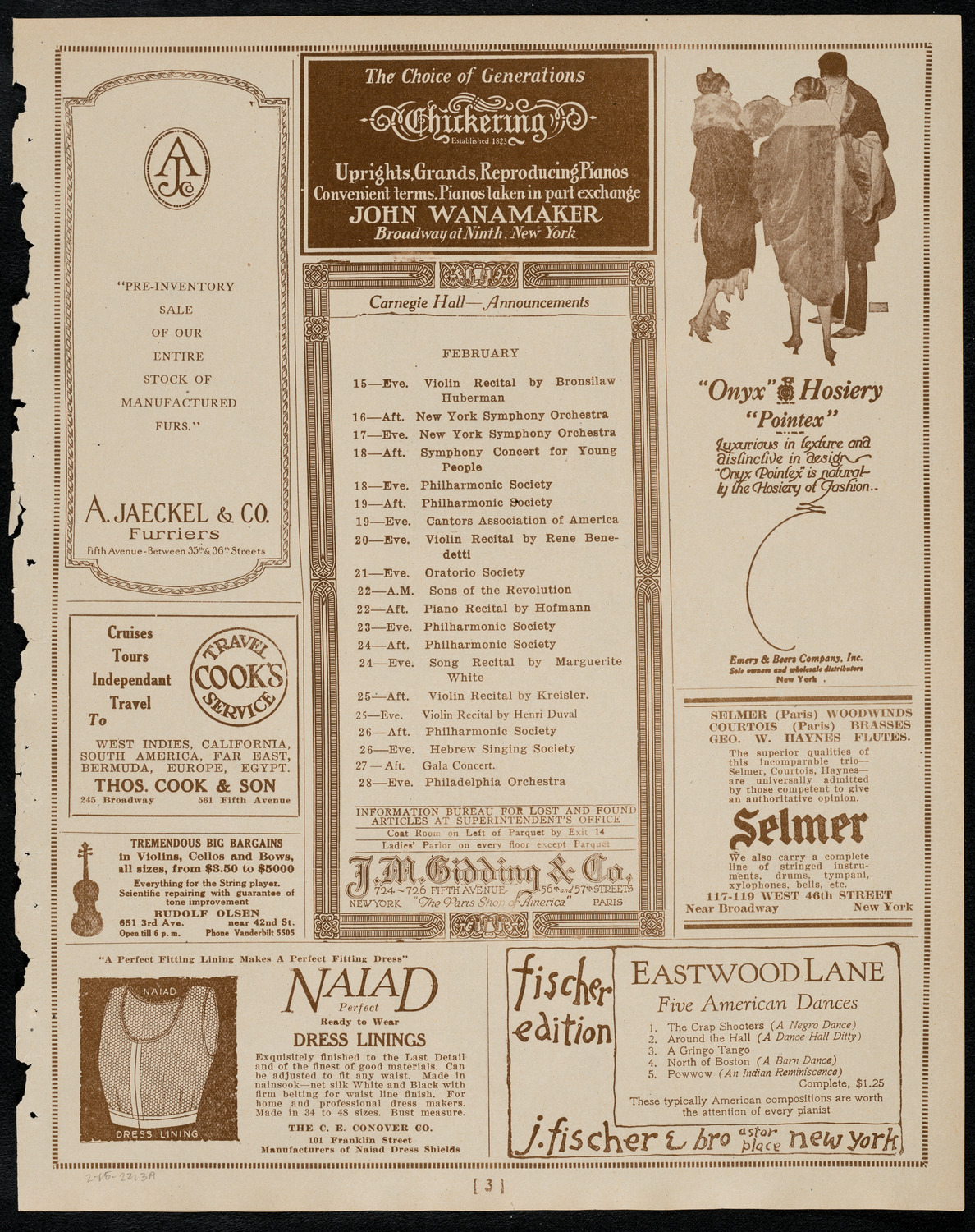 Bronislaw Huberman, Violin, February 15, 1922, program page 3