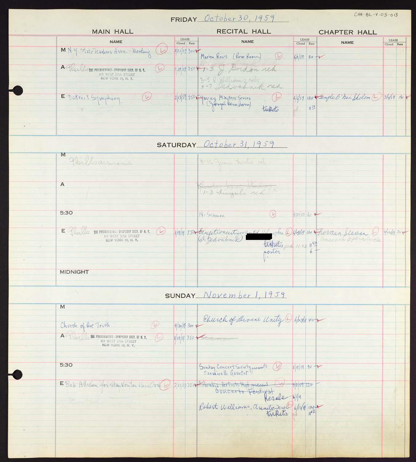 Carnegie Hall Booking Ledger, volume 5, page 13