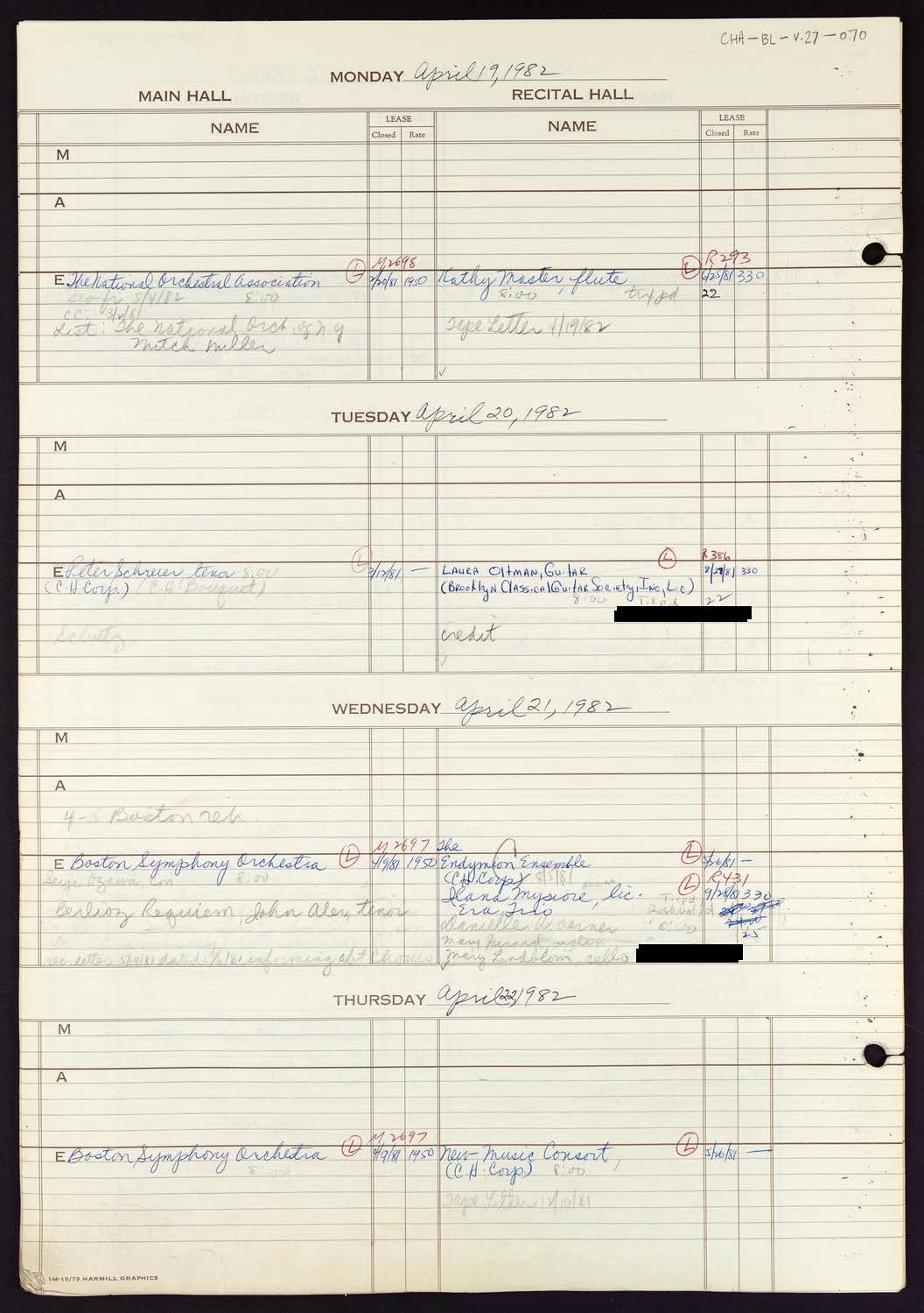 Carnegie Hall Booking Ledger, volume 27, page 70