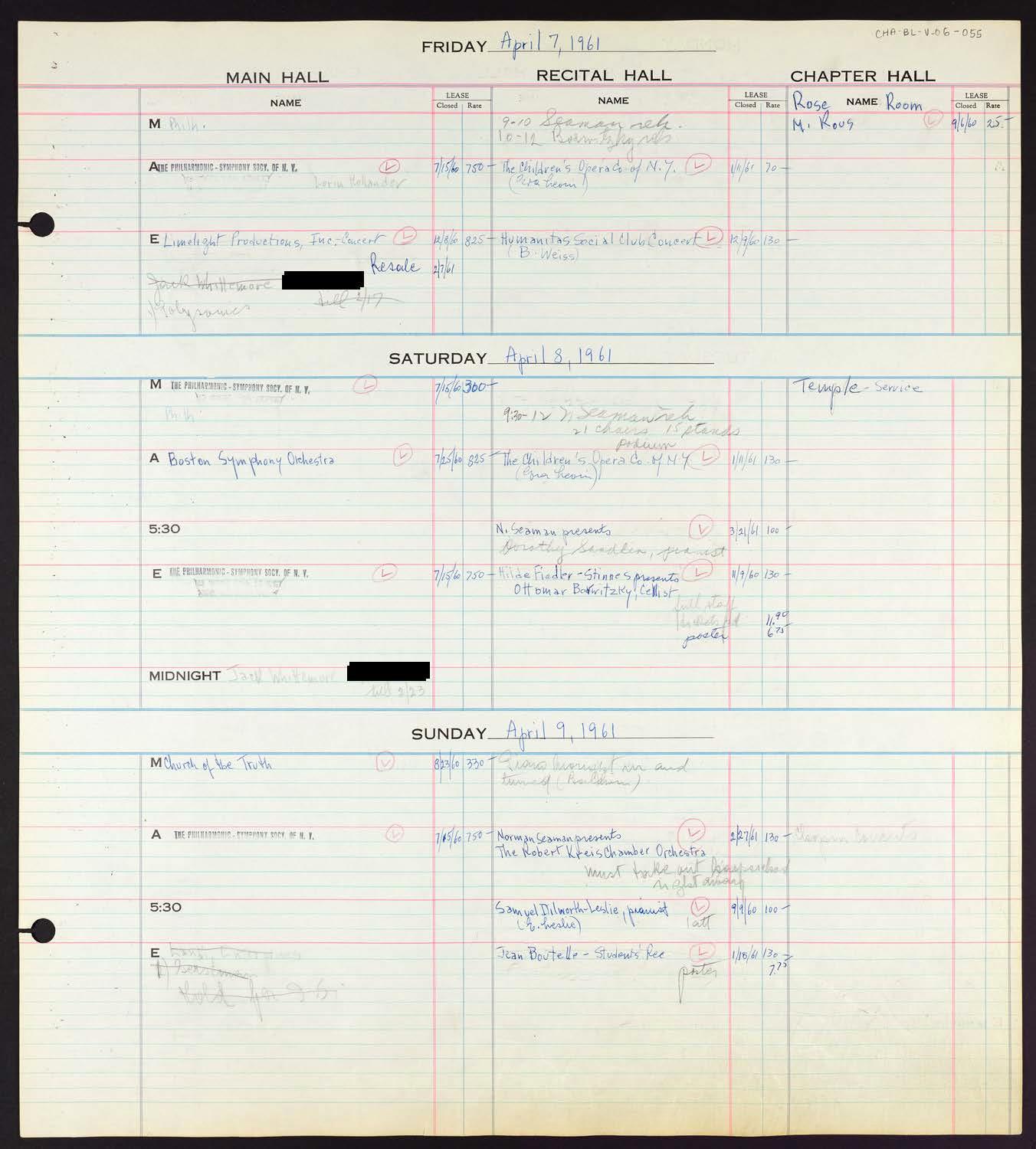 Carnegie Hall Booking Ledger, volume 6, page 55