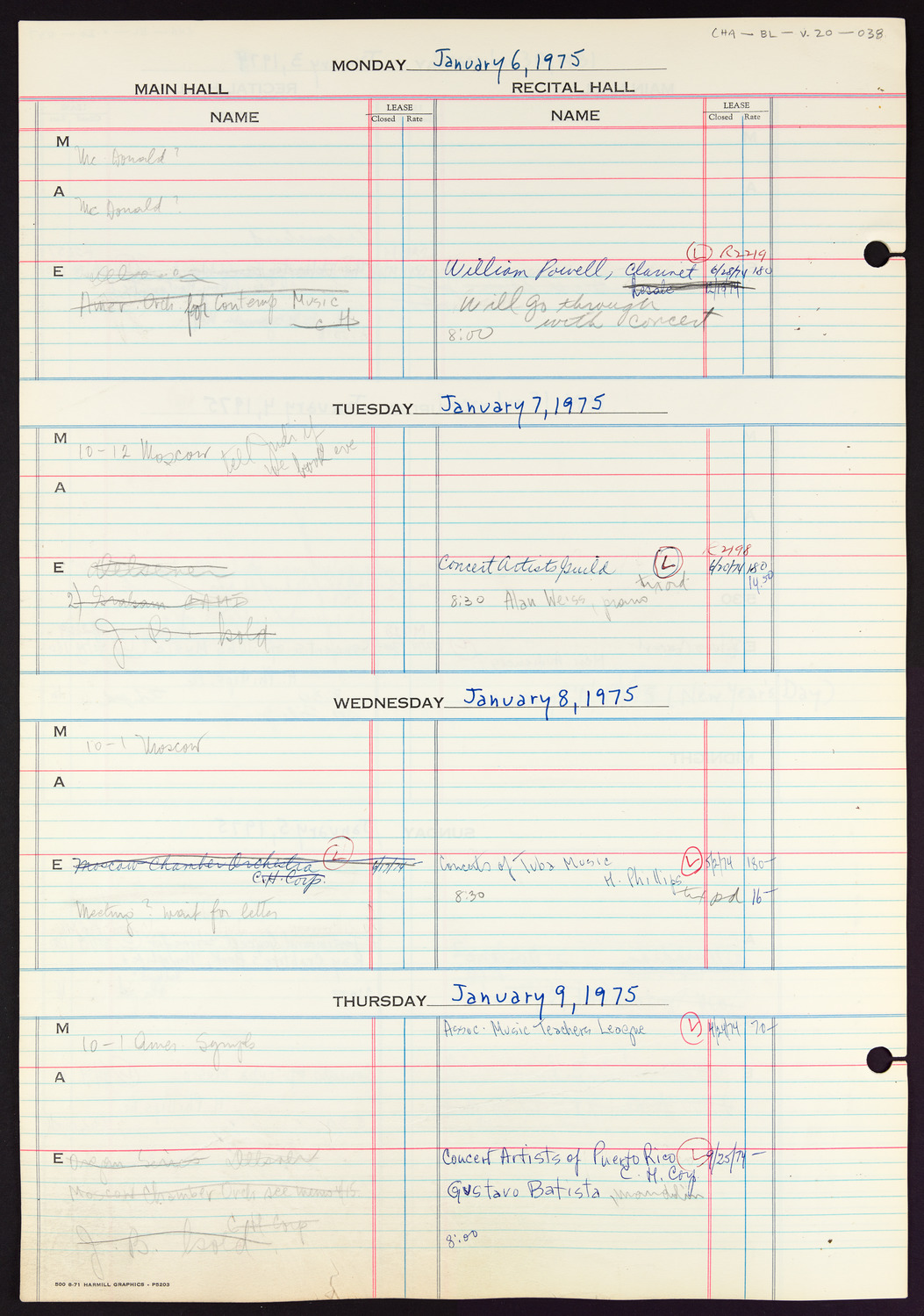 Carnegie Hall Booking Ledger, volume 20, page 38