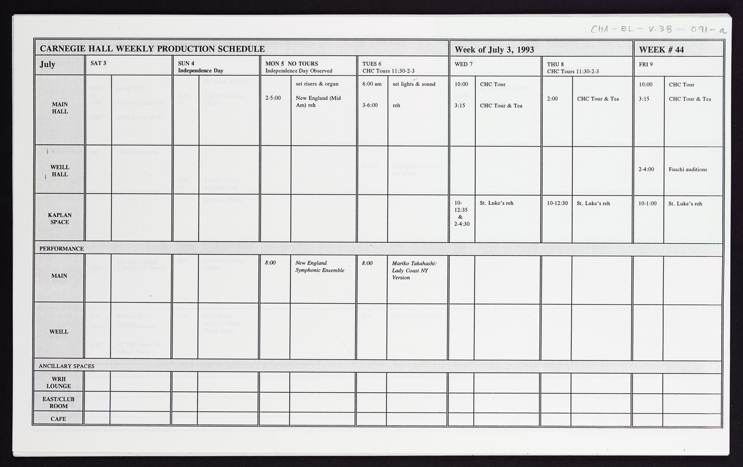 Carnegie Hall Booking Ledger, volume 38, page 91a