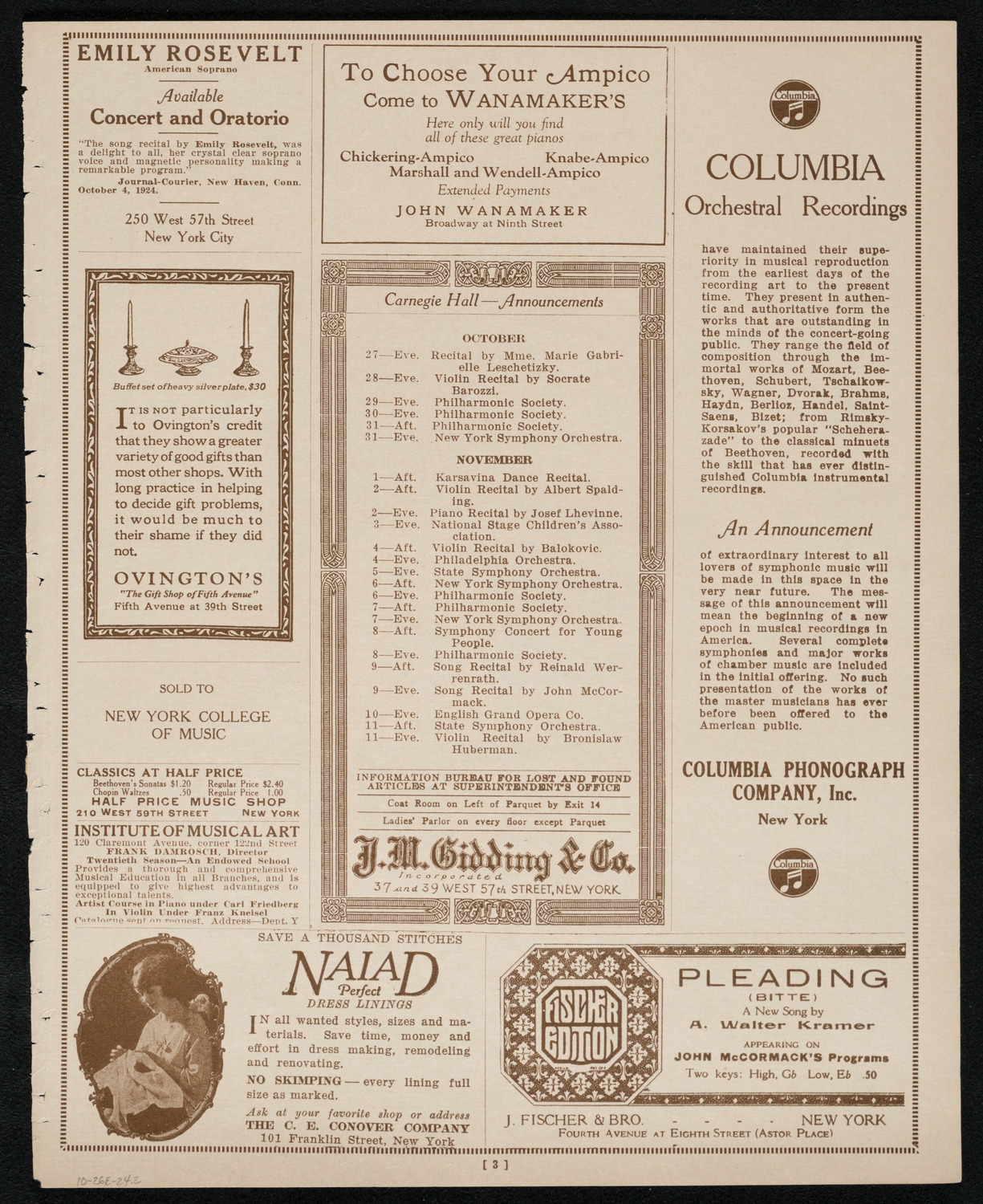 John McCormack, Tenor, October 26, 1924, program page 3