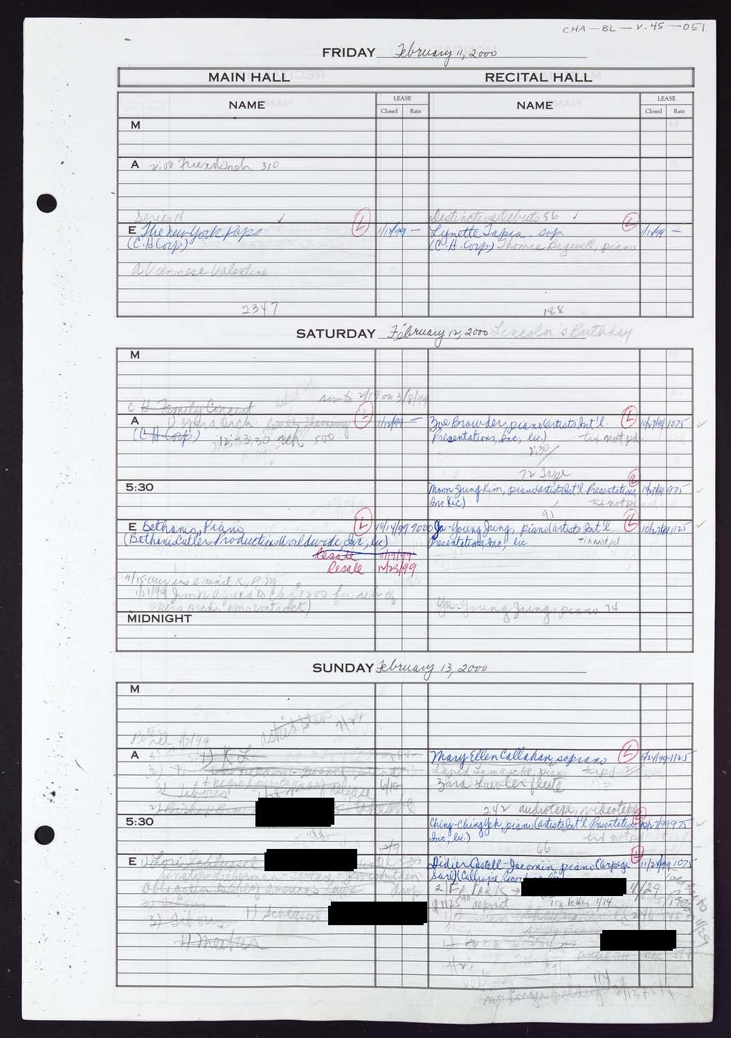 Carnegie Hall Booking Ledger, volume 45, page 51