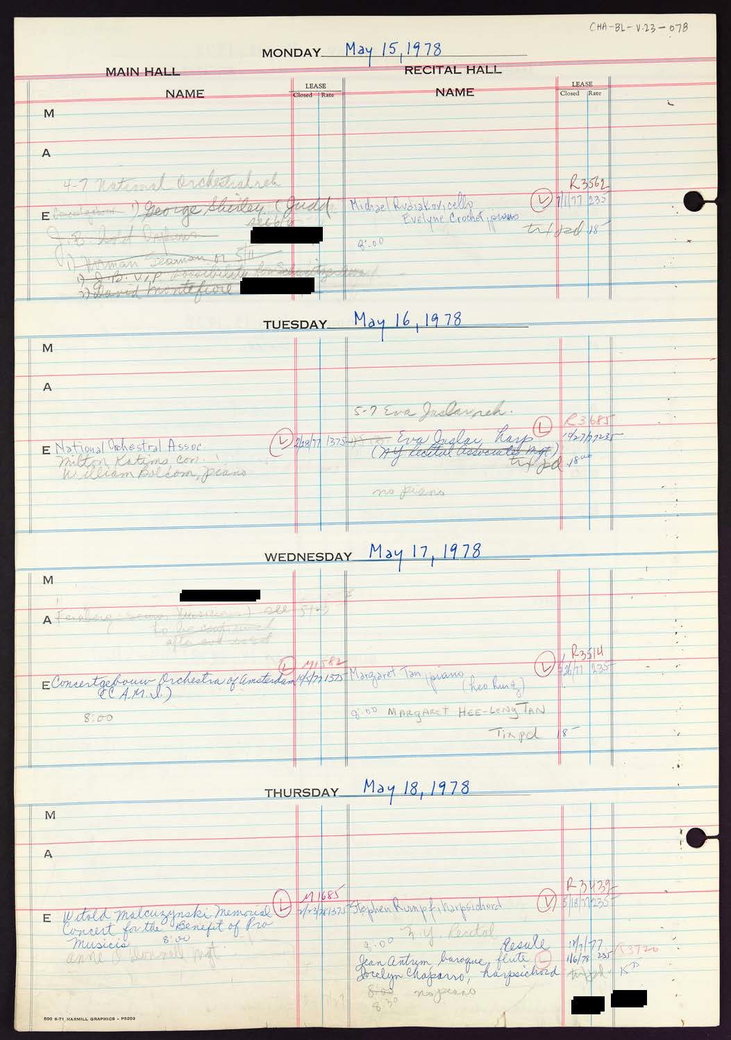 Carnegie Hall Booking Ledger, volume 23, page 78
