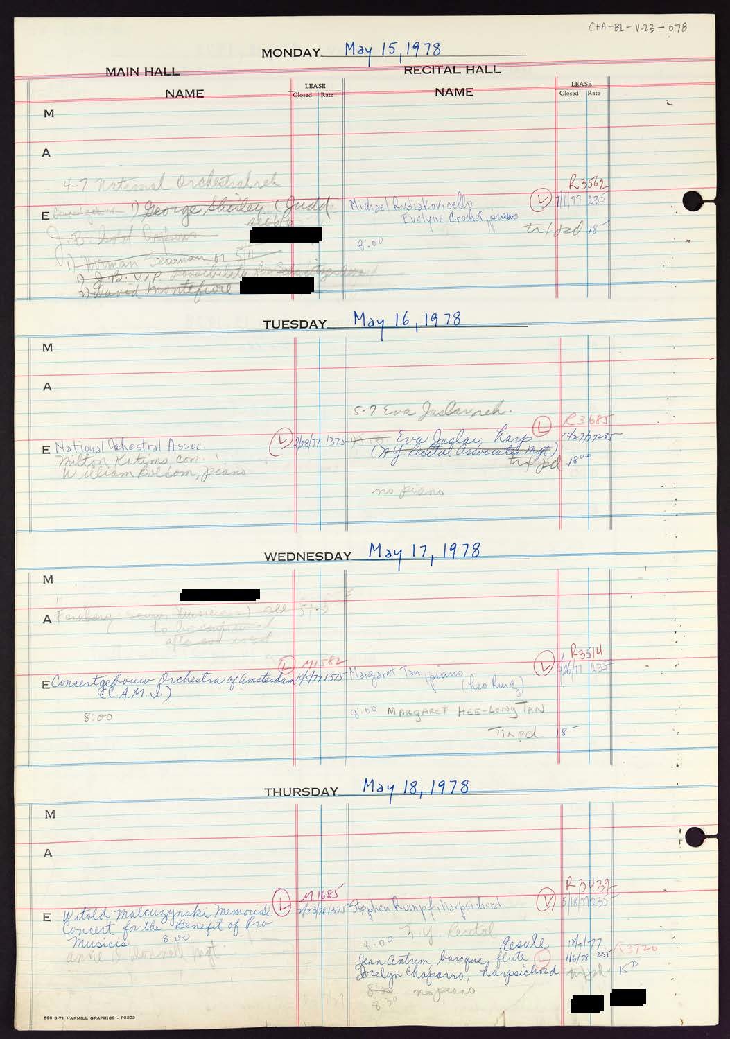 Carnegie Hall Booking Ledger, volume 23, page 78