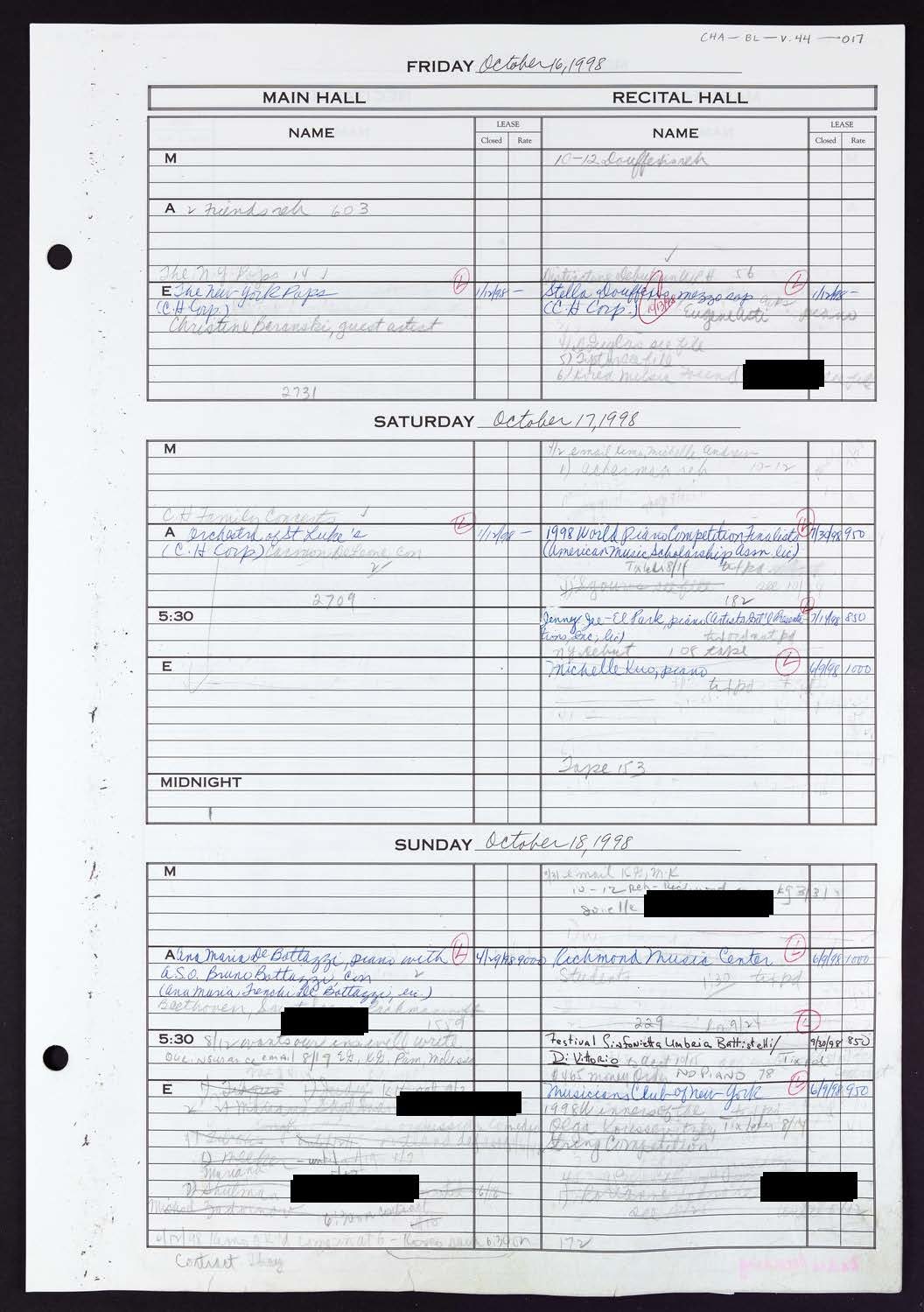 Carnegie Hall Booking Ledger, volume 44, page 17