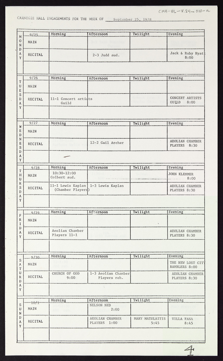 Carnegie Hall Booking Ledger, volume 24, page 10a