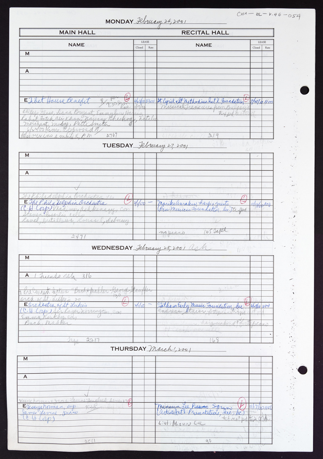 Carnegie Hall Booking Ledger, volume 46, page 54