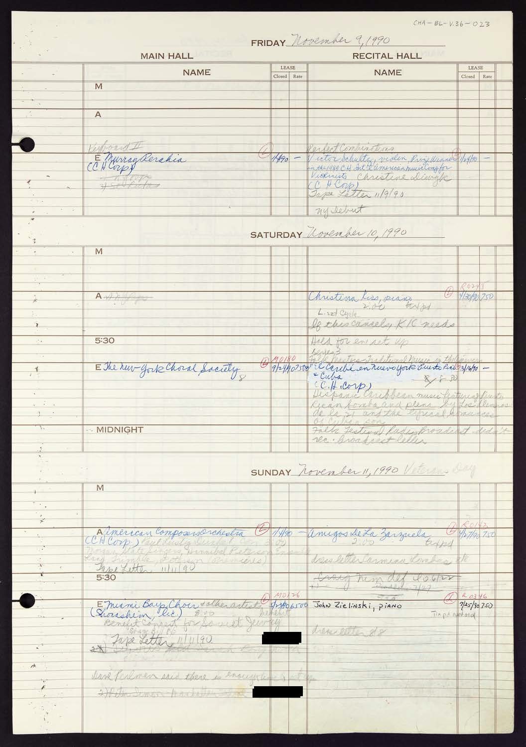 Carnegie Hall Booking Ledger, volume 36, page 23