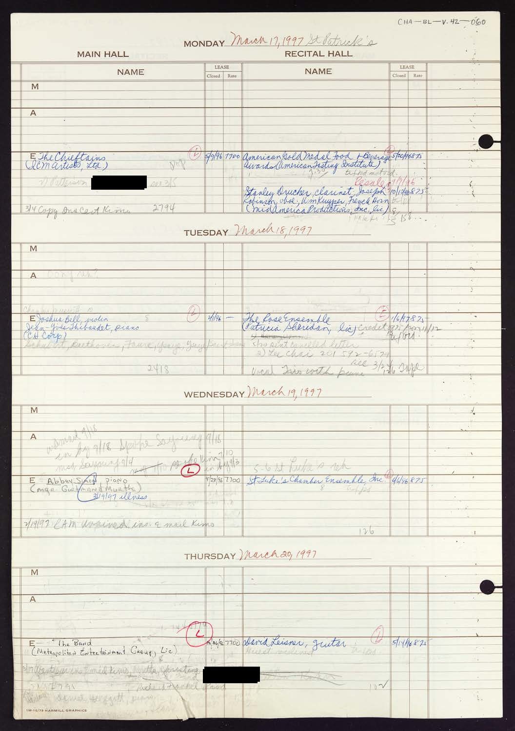 Carnegie Hall Booking Ledger, volume 42, page 60