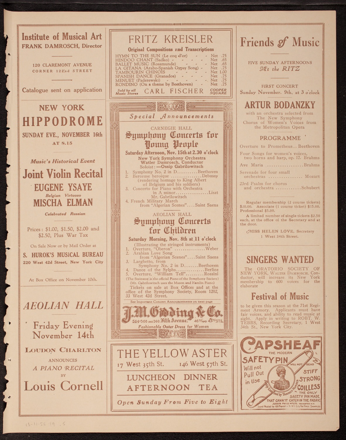 New Symphony Orchestra, November 5, 1919, program page 9