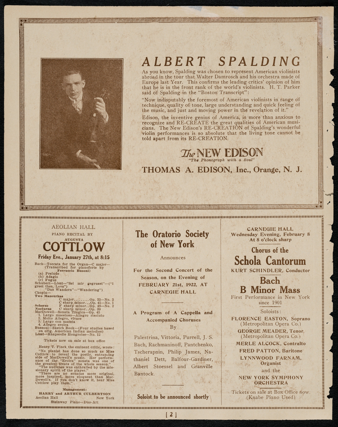 Magdeleine du Carp with the New York Philharmonic, January 25, 1922, program page 2