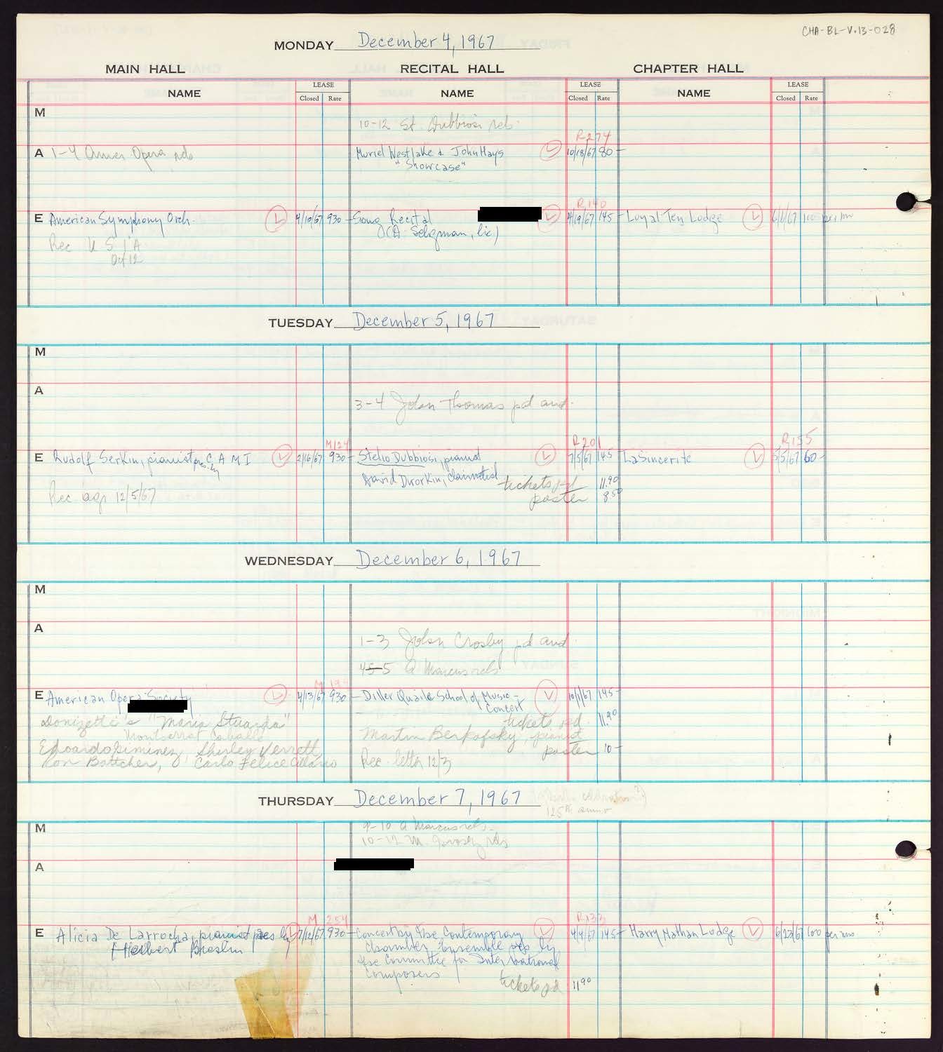 Carnegie Hall Booking Ledger, volume 13, page 28