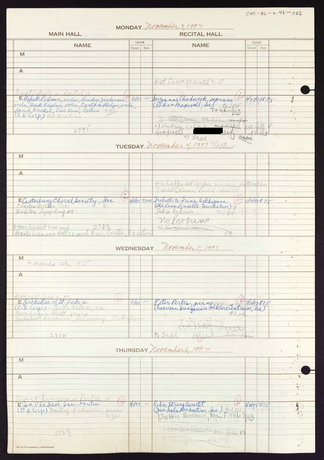 Carnegie Hall Booking Ledger, volume 43, page 22