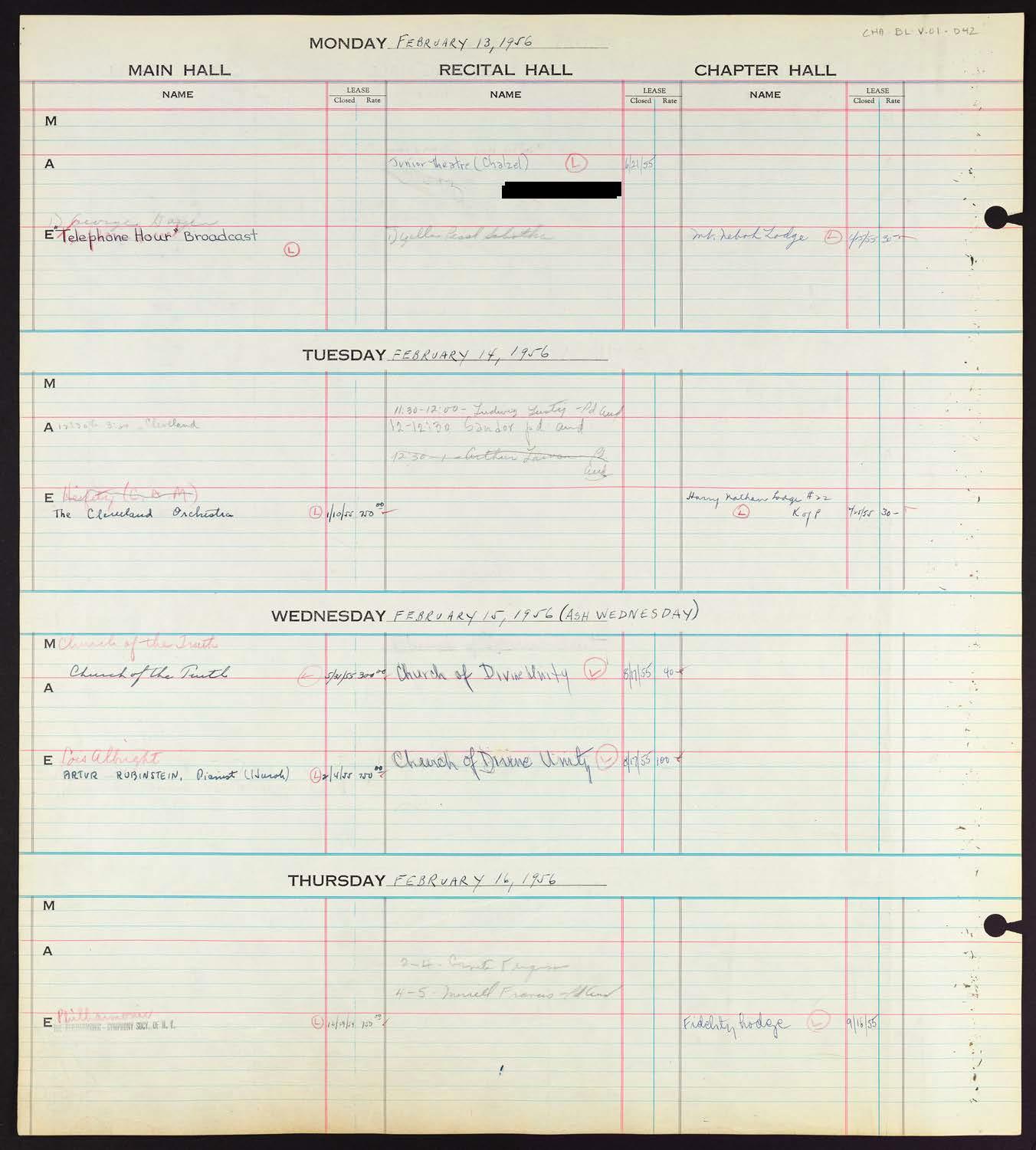 Carnegie Hall Booking Ledger, volume 1, page 42