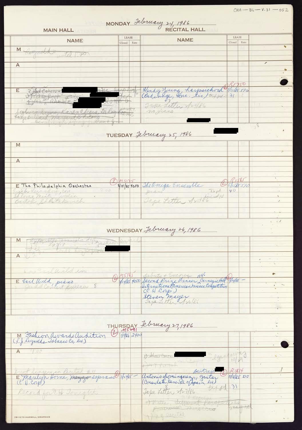 Carnegie Hall Booking Ledger, volume 31, page 52