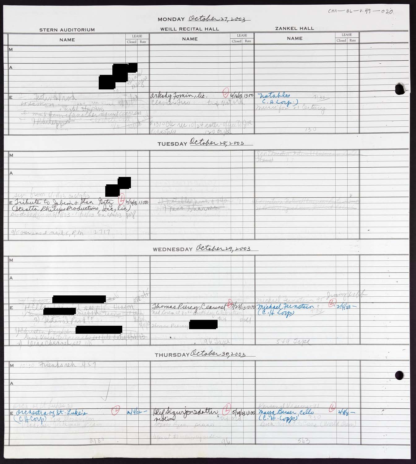 Carnegie Hall Booking Ledger, volume 49, page 20