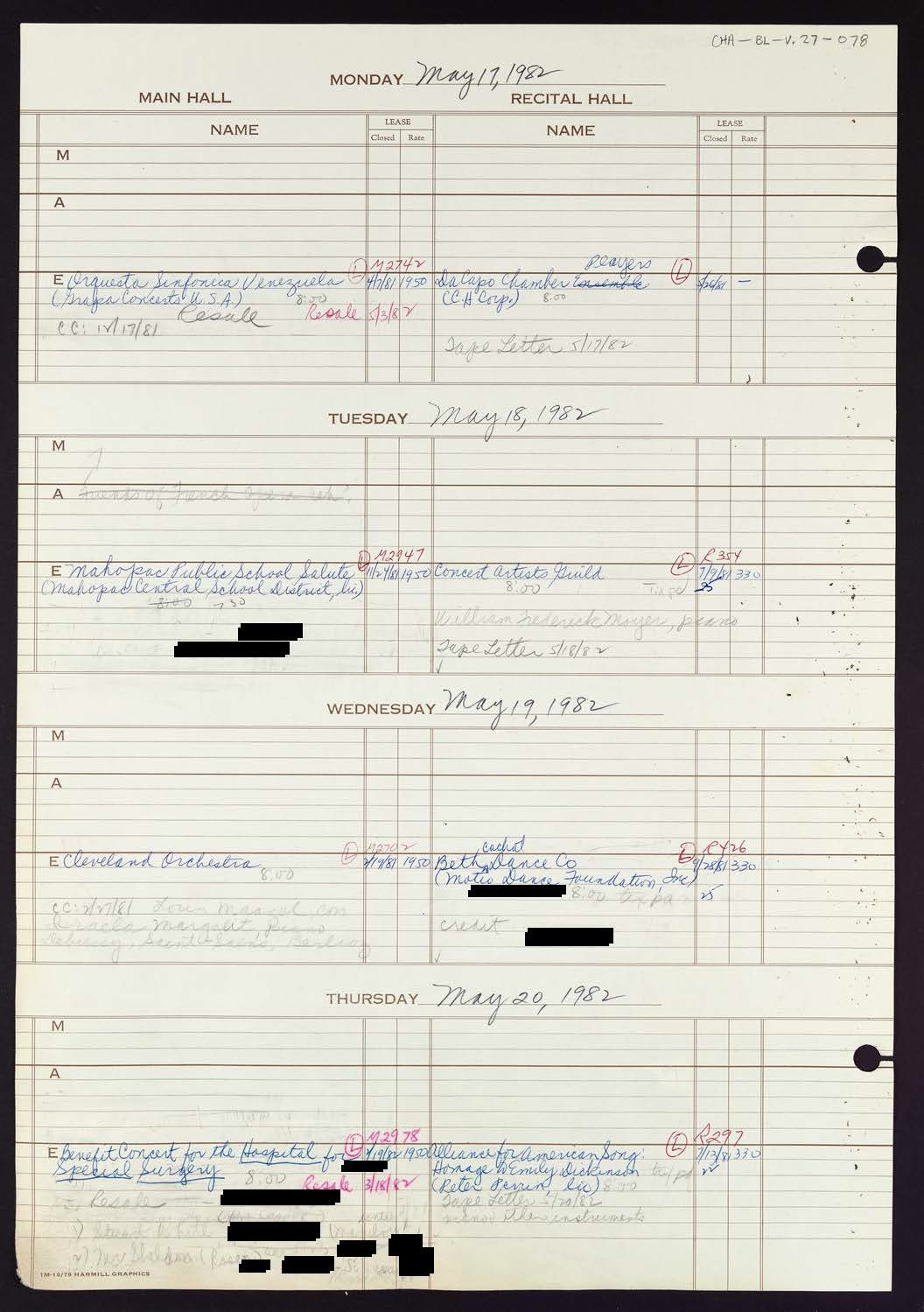 Carnegie Hall Booking Ledger, volume 27, page 78
