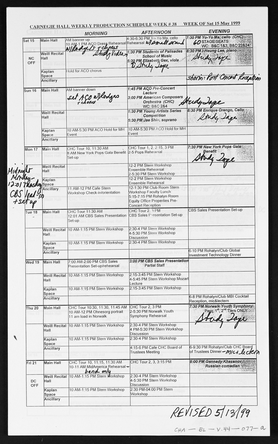 Carnegie Hall Booking Ledger, volume 44, page 77a