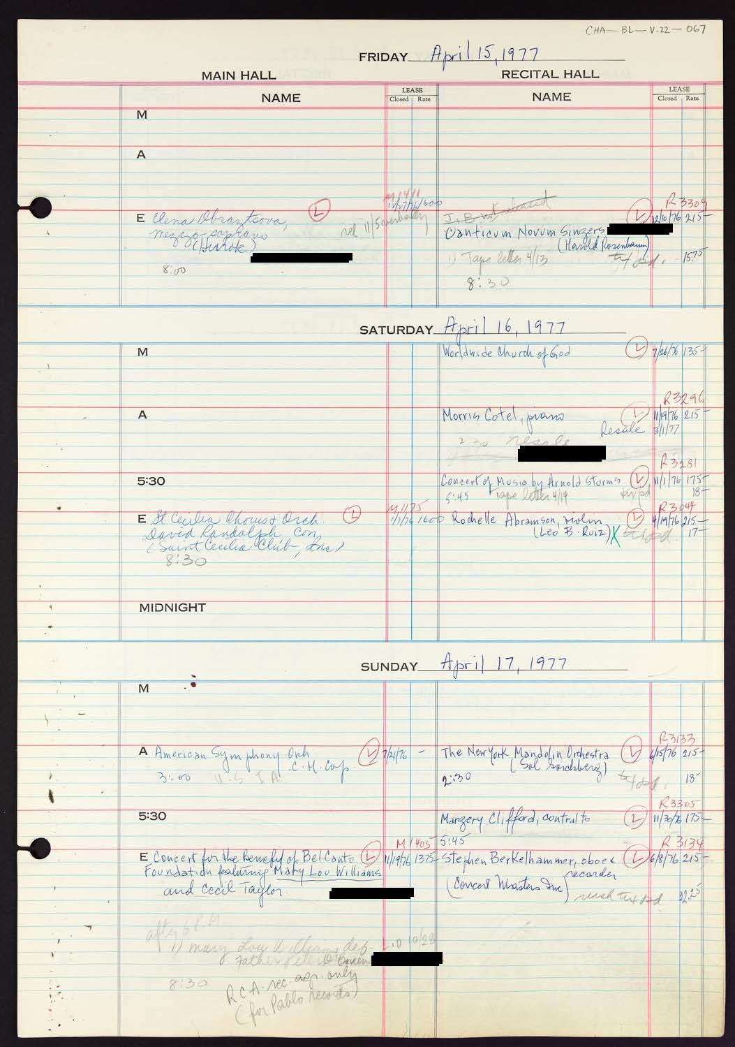 Carnegie Hall Booking Ledger, volume 22, page 67