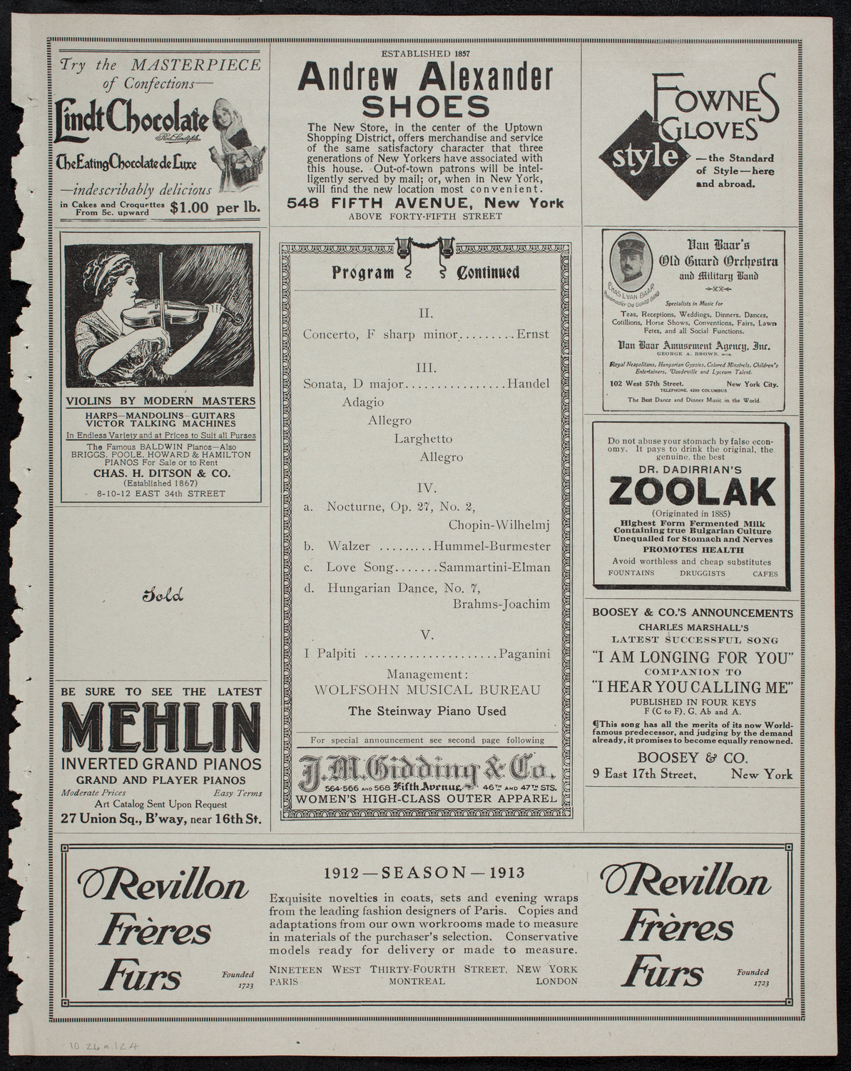 Mischa Elman, Violin, October 26, 1912, program page 7