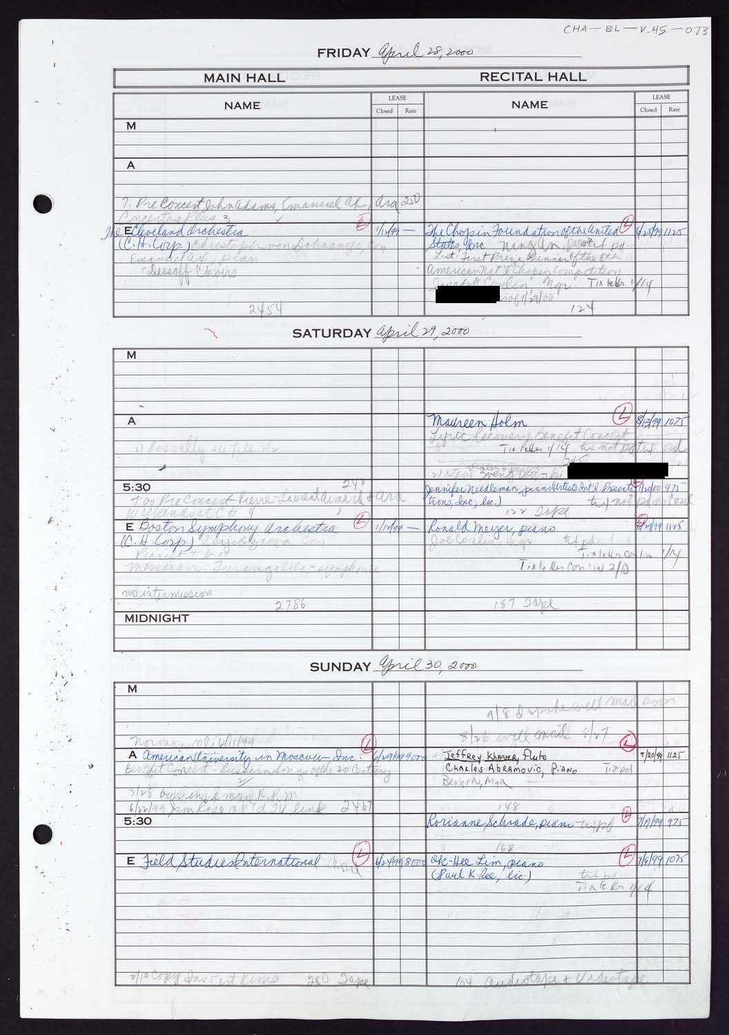 Carnegie Hall Booking Ledger, volume 45, page 73