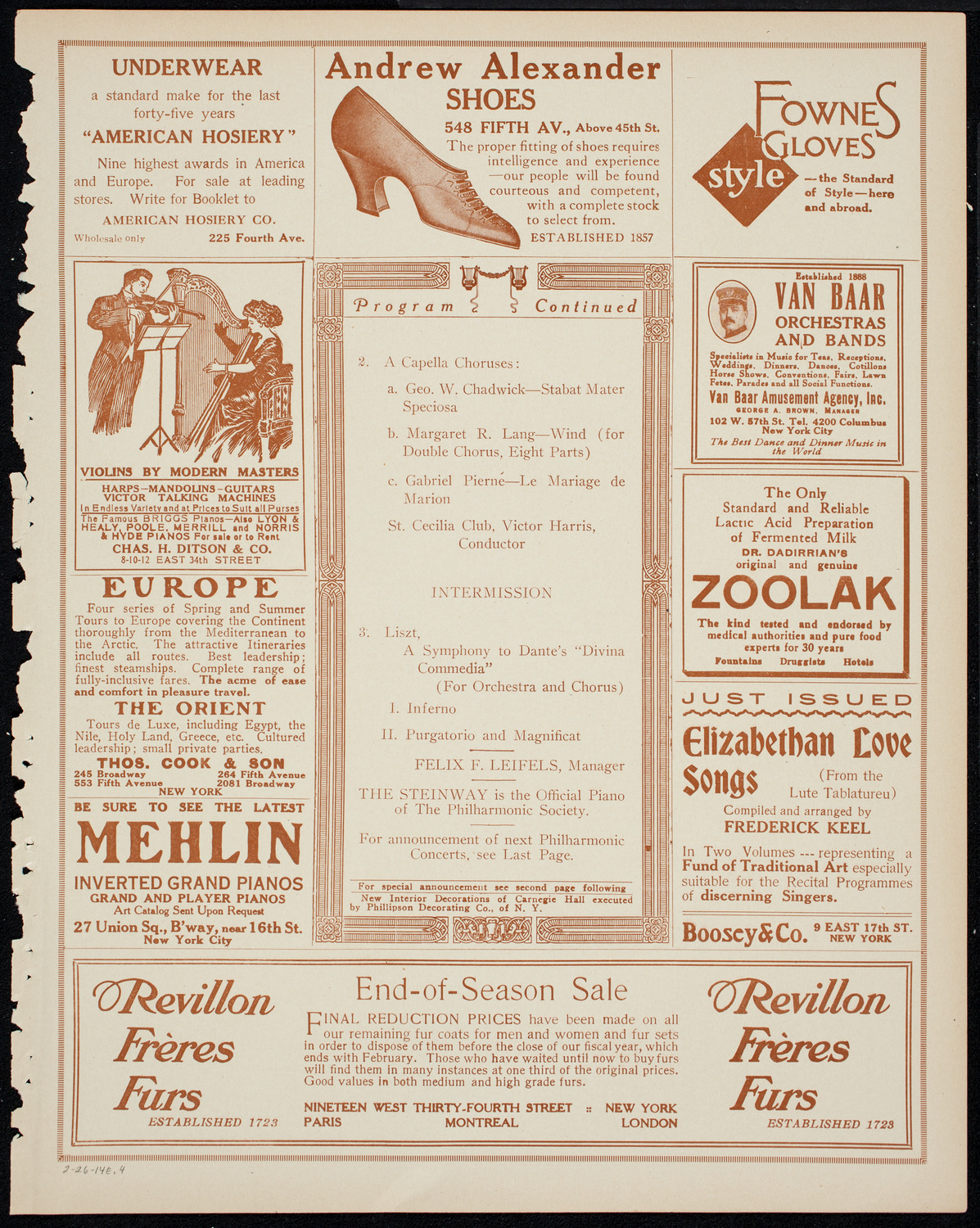 New York Philharmonic, February 26, 1914, program page 7